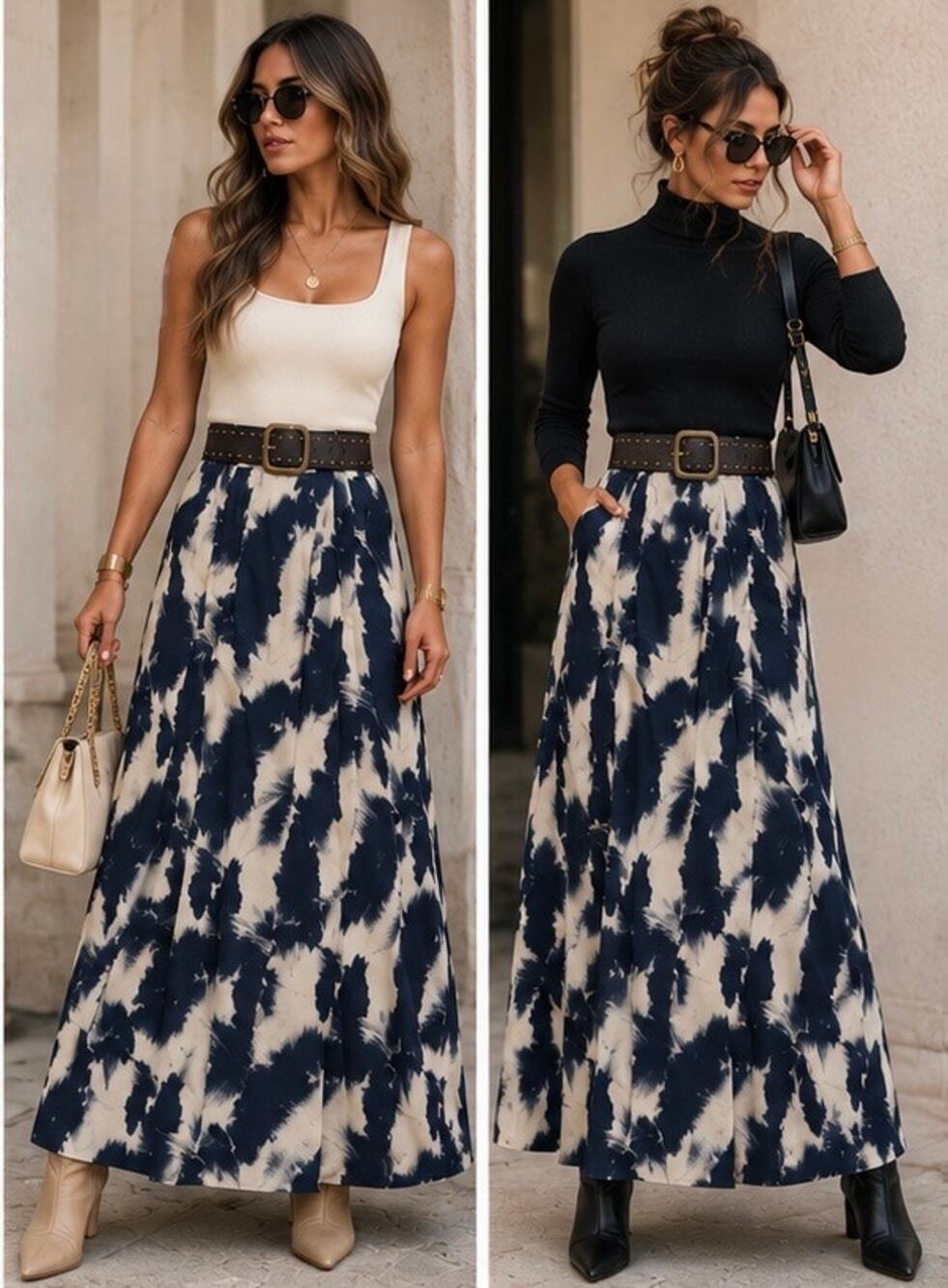 NWT Navy Blue Cream Tie Dye Leaf Maxi Skirt Ultra High Waist Side Zip Fall